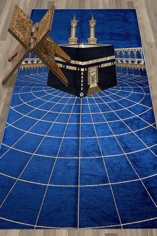 Digital Printed Washable Kaaba Patterned Stylish Design Prayer Rug Prayer Mat 70x130, Prayer Rug-48-blue,-BLUE - 6