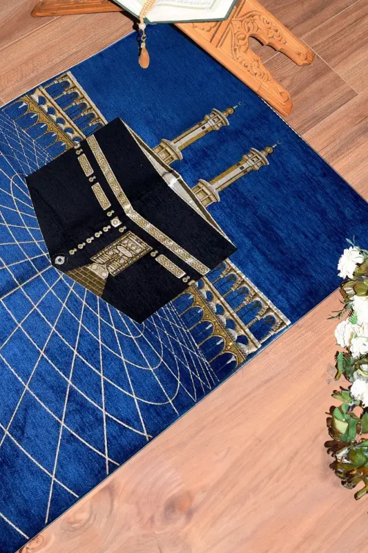 Digital Printed Washable Kaaba Patterned Stylish Design Prayer Rug Prayer Mat 70x130, Prayer Rug-48-blue,-BLUE - 7