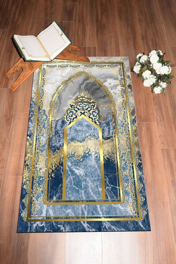 Digital Printed Washable Marble Pattern Prayer Mat Gift 70x130, Seccade-36-blue, - 2