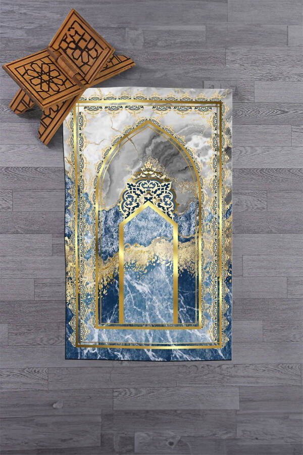 Digital Printed Washable Marble Pattern Prayer Mat Gift 70x130, Seccade-36-blue, - 5