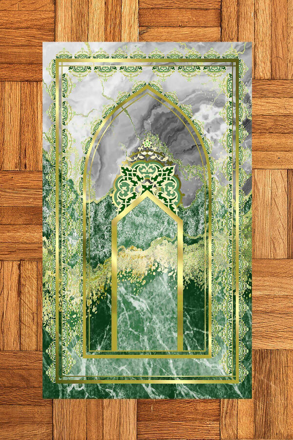 Digital Printed Washable Marble Pattern Prayer Rug 70x130, Seccade-36-green - 3