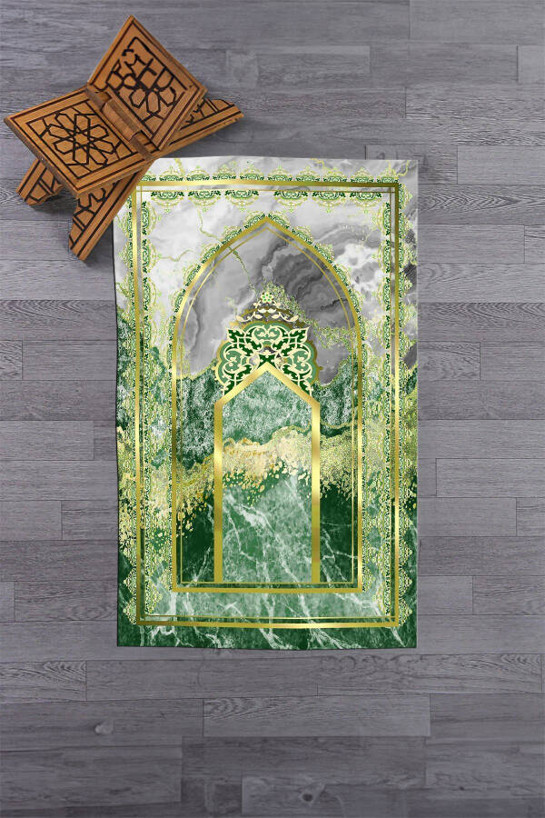 Digital Printed Washable Marble Pattern Prayer Rug 70x130, Seccade-36-green - 5