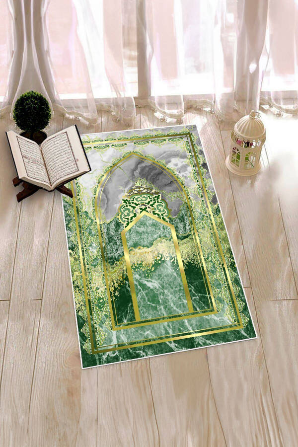 Digital Printed Washable Marble Pattern Prayer Rug 70x130, Seccade-36-green - 7