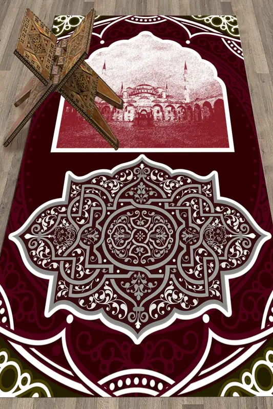 Digital Printed Washable Mosque Motif Gift Prayer Mat 70x130, SECCADE-35-RED - 9