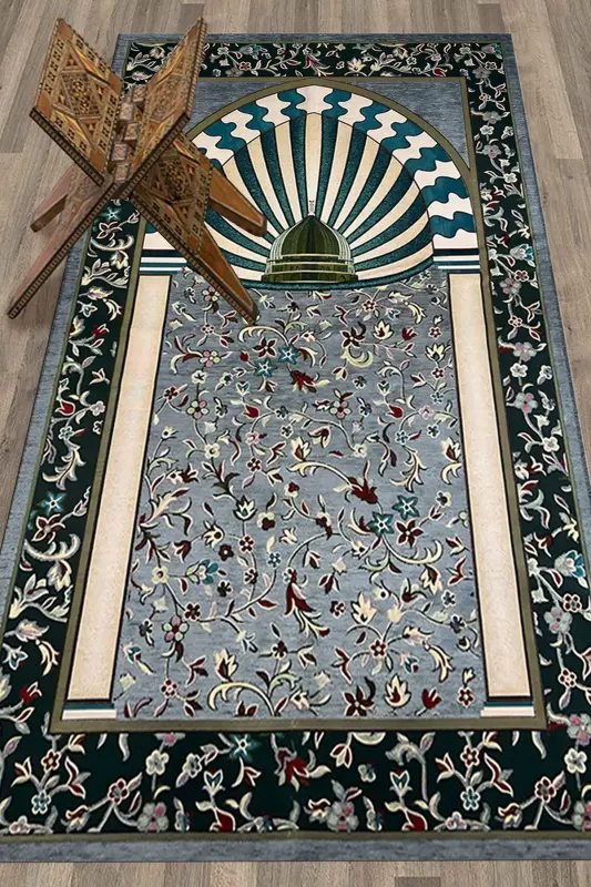 Digital Printed Washable Mosque Motif Gift Prayer Rug 70x130cm - GRAY - 9