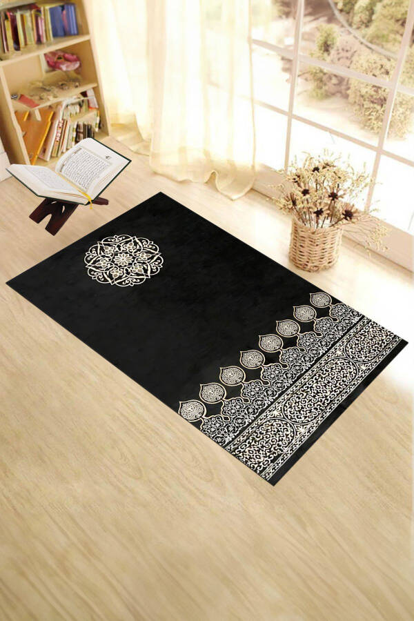 Digital Printed Washable Patterned Gift Prayer Rug Sajjadah 70x130, SECCADE-44-BLACK, - 11