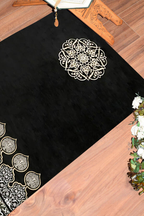 Digital Printed Washable Patterned Gift Prayer Rug Sajjadah 70x130, SECCADE-44-BLACK, - 16