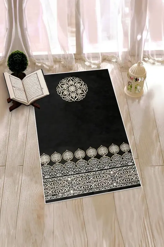 Digital Printed Washable Patterned Gift Prayer Rug Sajjadah 70x130, SECCADE-44-BLACK, - 7