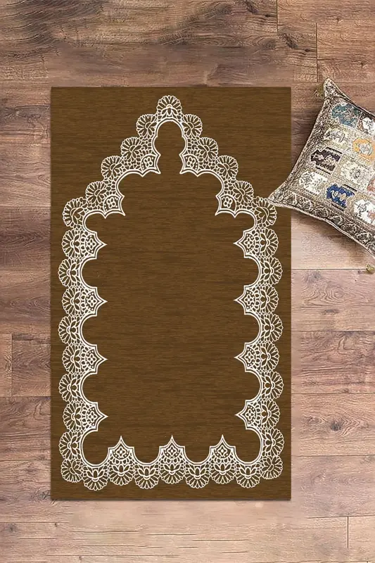 Digital Printed Washable Plain Elegant Pattern Prayer Rug Prayer Mat 70x130 Cm, Seccade-14-kahve,-BROWN - 2