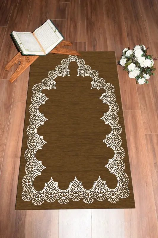 Digital Printed Washable Plain Elegant Pattern Prayer Rug Prayer Mat 70x130 Cm, Seccade-14-kahve,-BROWN - 6