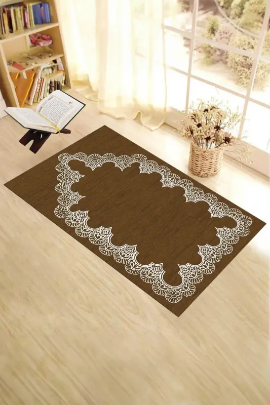 Digital Printed Washable Plain Elegant Pattern Prayer Rug Prayer Mat 70x130 Cm, Seccade-14-kahve,-BROWN - 8