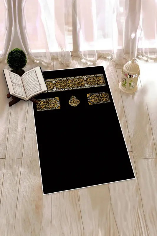 Digital Printed Washable Plain Pattern Gift Prayer Rug Prayer Mat 70x130, SECCADE-46-BLACK,-BLACK - 5