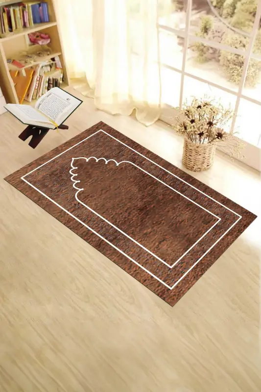 Digital Printed Washable Plain Pattern Prayer Rug 70x130 cm, SECCADE-11-BROWN,-BROWN - 8