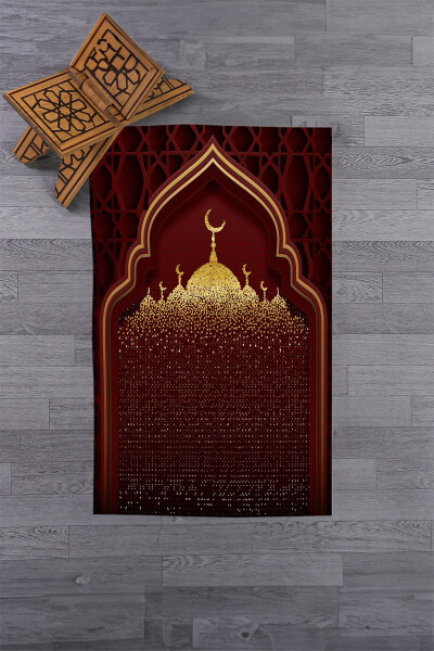 Digital Printed Washable Prayer Mat with Mosque Pattern 70x130, Prayer Rug-5-red - 2