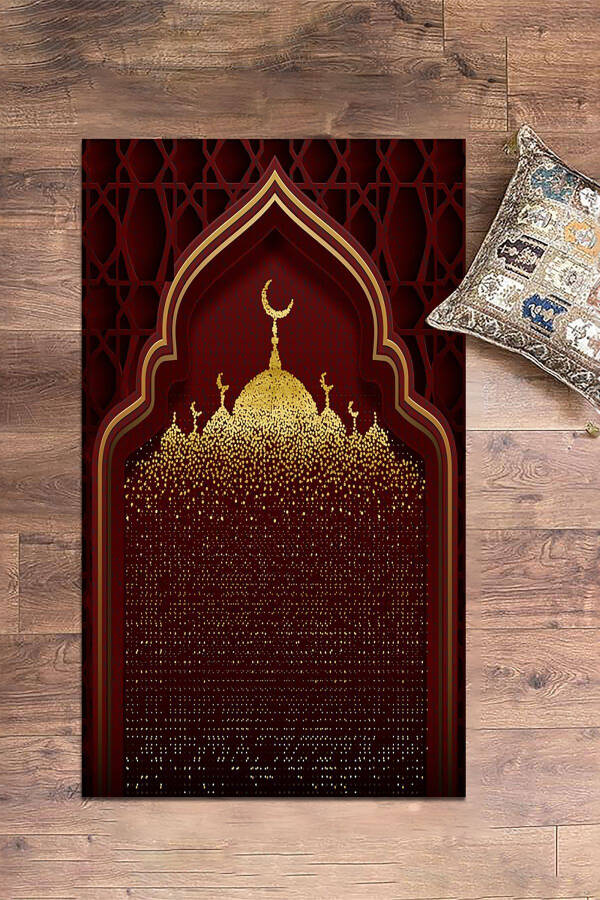 Digital Printed Washable Prayer Mat with Mosque Pattern 70x130, Prayer Rug-5-red - 3