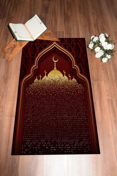 Digital Printed Washable Prayer Mat with Mosque Pattern 70x130, Prayer Rug-5-red - 7