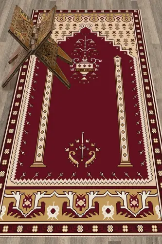 Digital Printed Washable Prayer Rug with Classic Motif 70x130 - BURGUNDY - 1