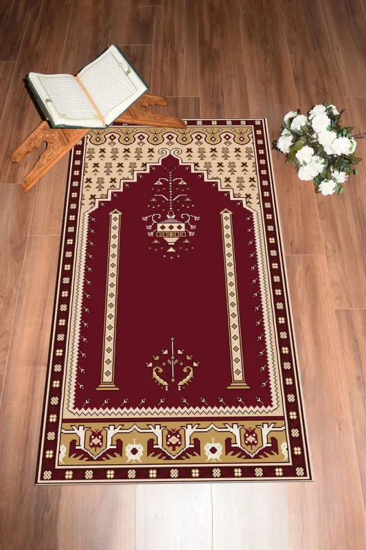 Digital Printed Washable Prayer Rug with Classic Motif 70x130 - BURGUNDY - 4