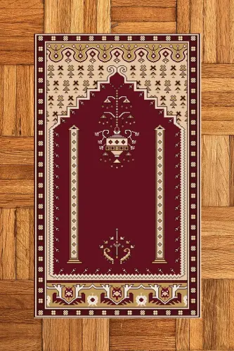 Digital Printed Washable Prayer Rug with Classic Motif 70x130 - BURGUNDY - 5
