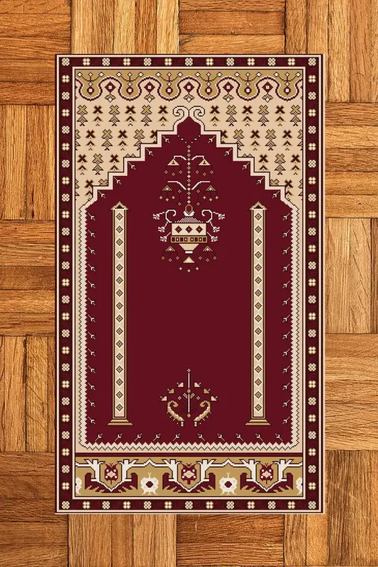 Digital Printed Washable Prayer Rug with Classic Motif 70x130 - BURGUNDY - 5