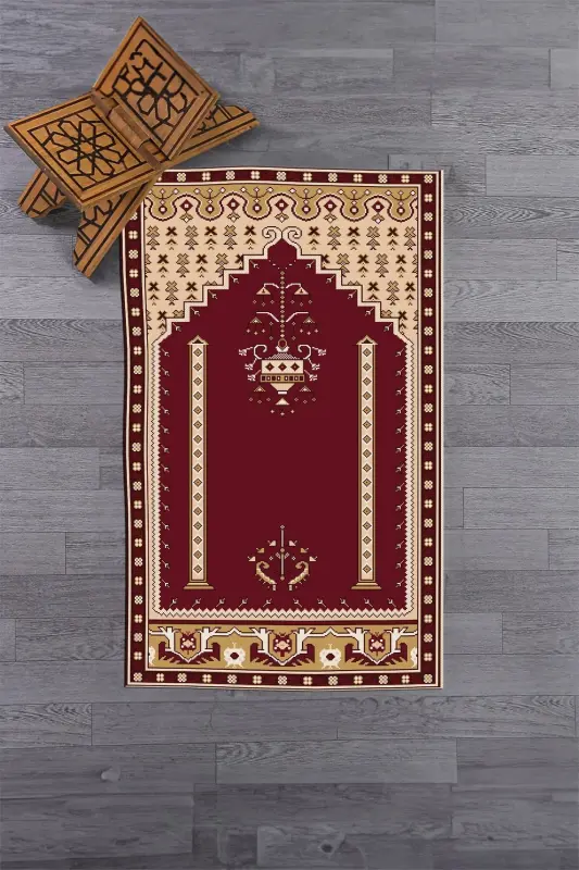 Digital Printed Washable Prayer Rug with Classic Motif 70x130 - BURGUNDY - 7