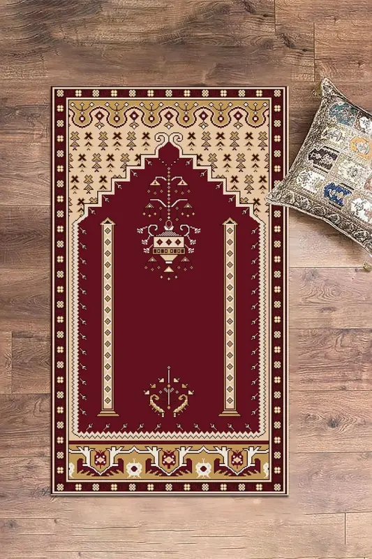 Digital Printed Washable Prayer Rug with Classic Motif 70x130 - BURGUNDY - 8