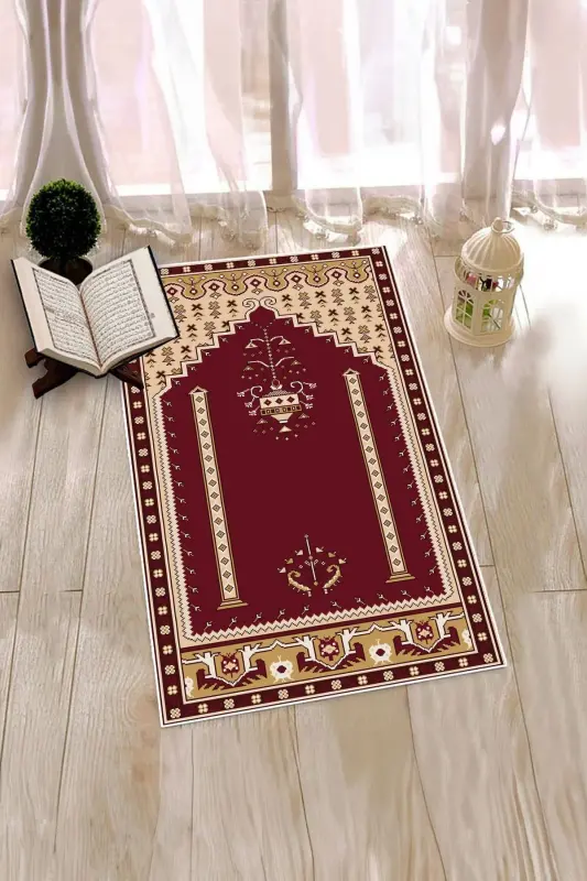 Digital Printed Washable Prayer Rug with Classic Motif 70x130 - BURGUNDY - 9