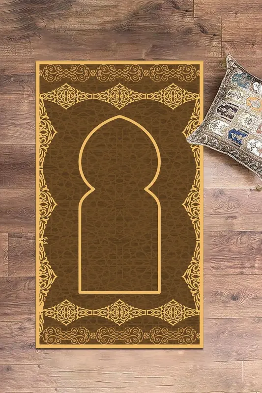Digital Printed Washable Stylish Motif Prayer Rug 70x130 Cm 16-coffee-BROWN - EY HOME