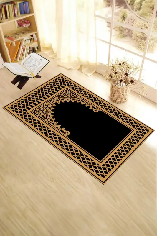 Digital Printed Washable Wipeable Modern Prayer Rug Prayer Mat 70x130 cm, SECCADE-7-SIYAH,-SIYAH - 1