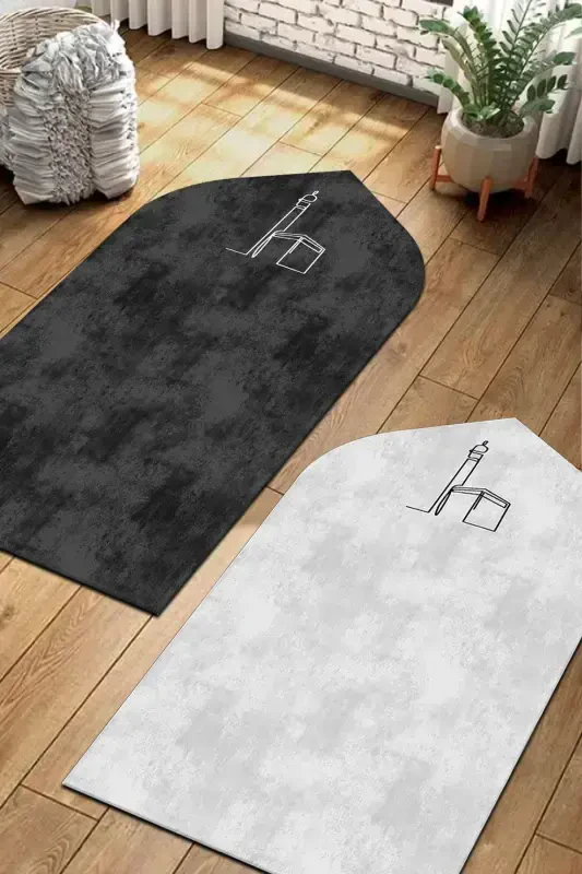 Digital Printing Prayer Rug Double Prayer Rug Kaaba Patterned Prayer Mat-Anthracite - PINKIE HOME
