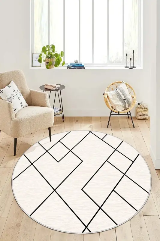 Digital Printing Washable Non-Slip Base Beige Round Living Room Carpet Kitchen Carpet Runner-beige - WEST HOME