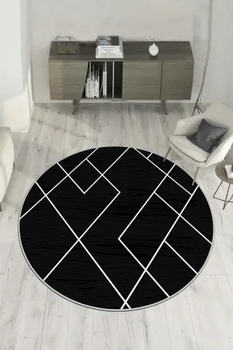 Digital Printing Washable Non-Slip Base Black Round Living Room Carpet Kitchen Rug Runner-black - 1