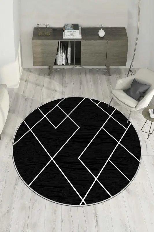 Digital Printing Washable Non-Slip Base Black Round Living Room Carpet Kitchen Rug Runner-black - WEST HOME