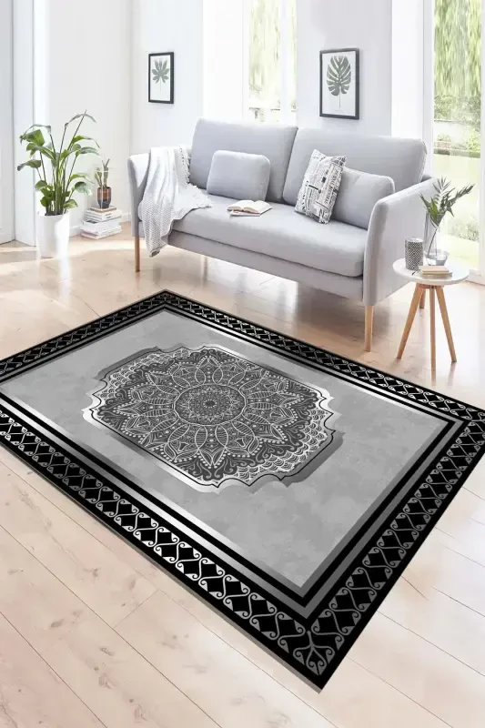 Digital Printing Washable Non-Slip Base Decorative Living Room Kitchen Carpet Runner-grayOval - YTR HOME