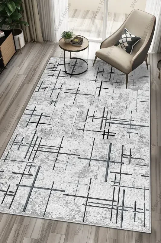 Digital Printing Washable Non-Slip Base Living Room Carpet Kitchen Carpet Runner-GRAY - 1