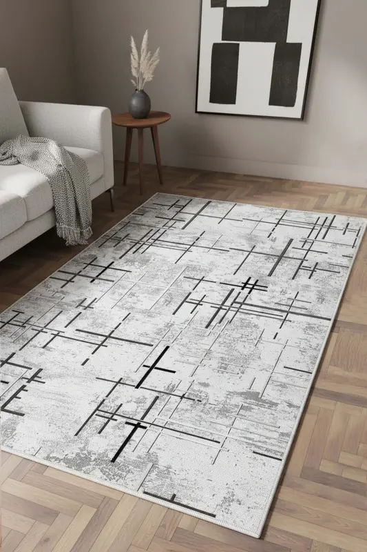 Digital Printing Washable Non-Slip Base Living Room Carpet Kitchen Carpet Runner-GRAY - 2