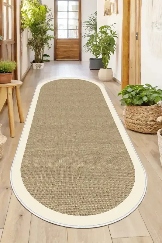Digital Printing Washable Non-Slip Base Oval Kitchen Carpet Living Room Carpet And Runner-beige - WEST HOME