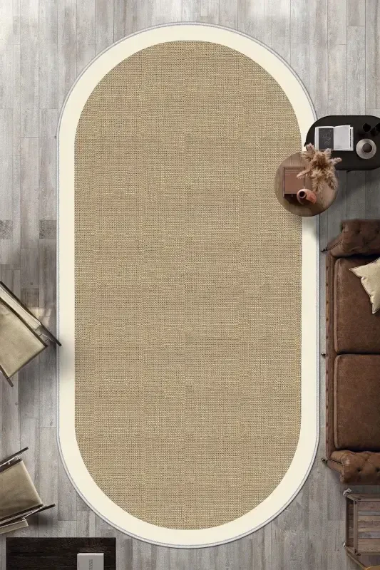 Digital Printing Washable Non-Slip Base Oval Kitchen Carpet Living Room Carpet And Runner-beige - 2