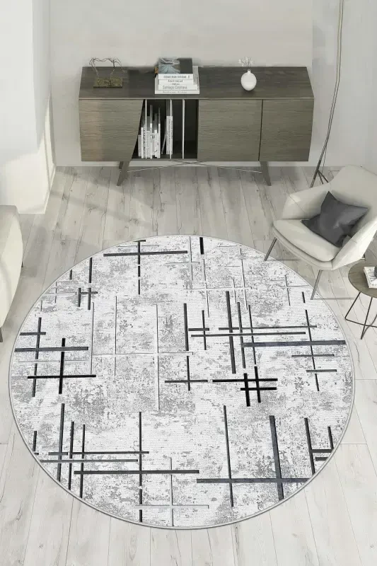 Digital Printing Washable Non-Slip Base Round Kitchen Carpet Living Room Carpet And Runner-gray - 1