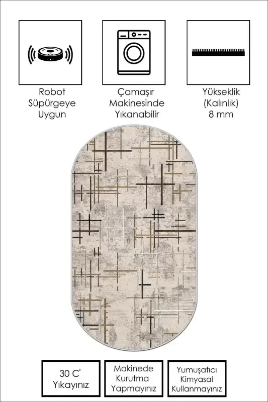 Digital Printing Washable Non-Slip Base Stain-Proof Oval Kitchen Carpet Living Room Carpet and Runner-beige - 2