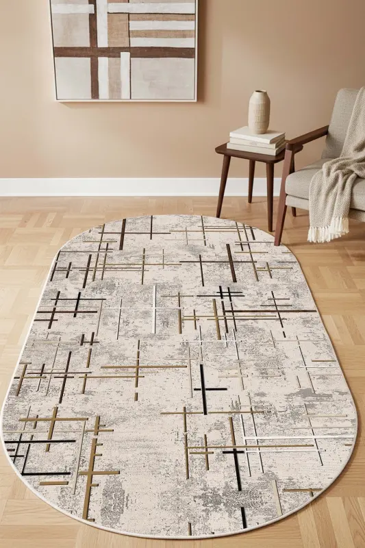 Digital Printing Washable Non-Slip Base Stain-Proof Oval Kitchen Carpet Living Room Carpet and Runner-beige - WEST HOME