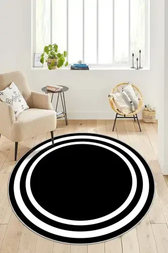 Digital Printing Washable Non-Slip Base Stain-Proof Round Kitchen and Living Room Carpet - Black - 1