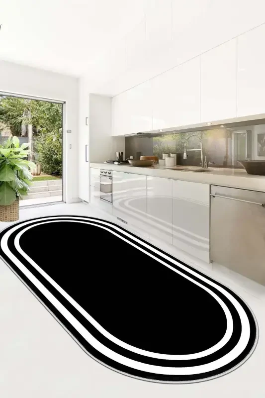 Digital Printing Washable Non-Slip Stain-Proof Oval Kitchen Rug Living Room Rug And Runner-black - 1