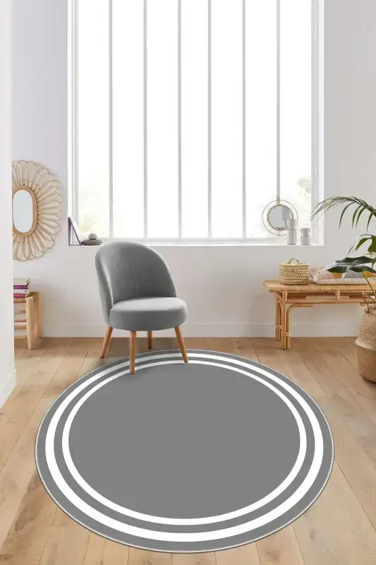 Digital Printing Washable Non-Slip Stain-Resistant Round Kitchen and Living Room Rug - Gray - 1