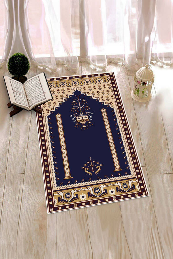 Digital Washable Printed Classic Motif Prayer Mat 70x130, SECCADE-31-NAVY - 16