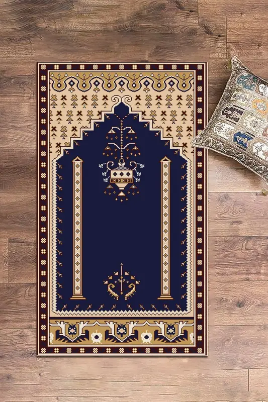 Digital Washable Printed Classic Motif Prayer Mat 70x130, SECCADE-31-NAVY - 3