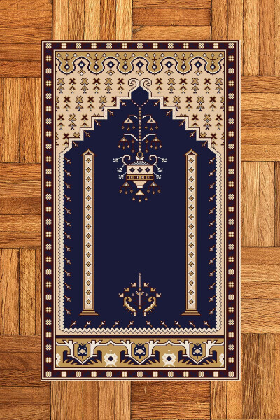 Digital Washable Printed Classic Motif Prayer Mat 70x130, SECCADE-31-NAVY - 4