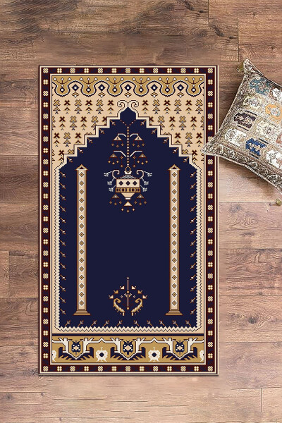 Digital Washable Printed Classic Motif Prayer Mat 70x130, SECCADE-31-NAVY - 7