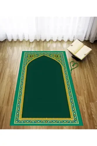 Digitally Printed Green Background Gold Framed Velvet Washable Non-Slip Base Prayer Rug Carpet - Green - 1