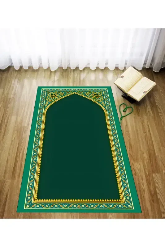 Digitally Printed Green Background Gold Framed Velvet Washable Non-Slip Base Prayer Rug Carpet - Green - LATIBULE